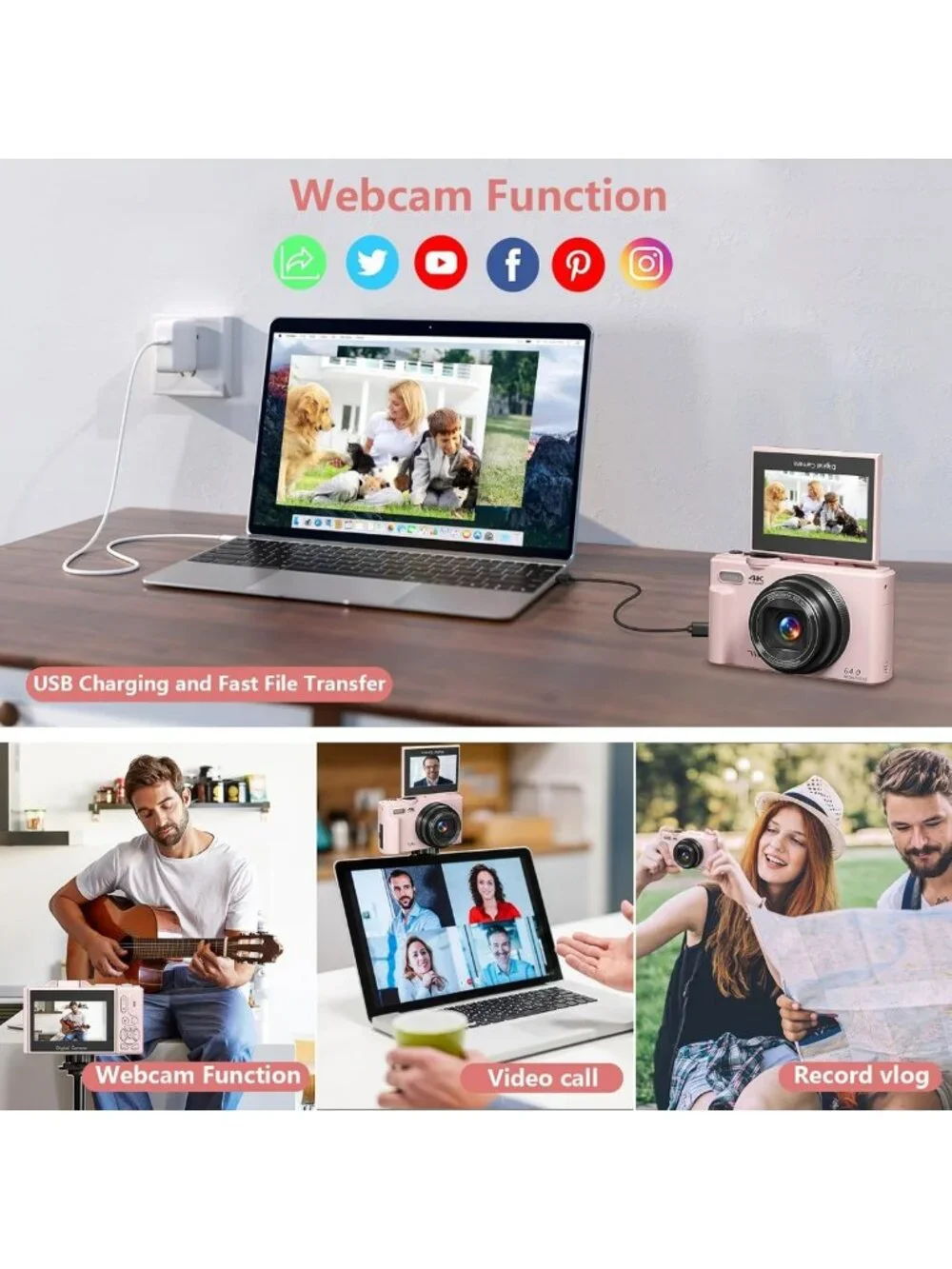 Compact 4K Vlogging Camera with 180° Flip Screen, 18X Zoom, 32GB Card & 2